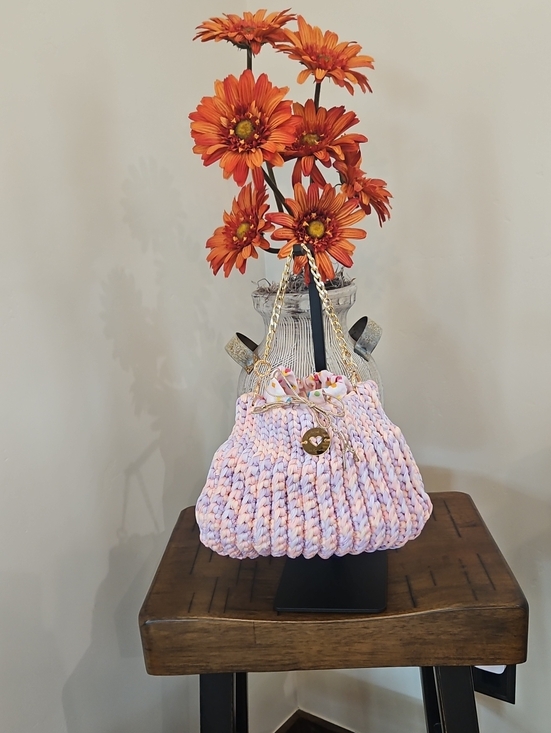 Handmade Handbags - Hand Crocheted Pink And Purple T-shirt Yarn Drawstring HandBag